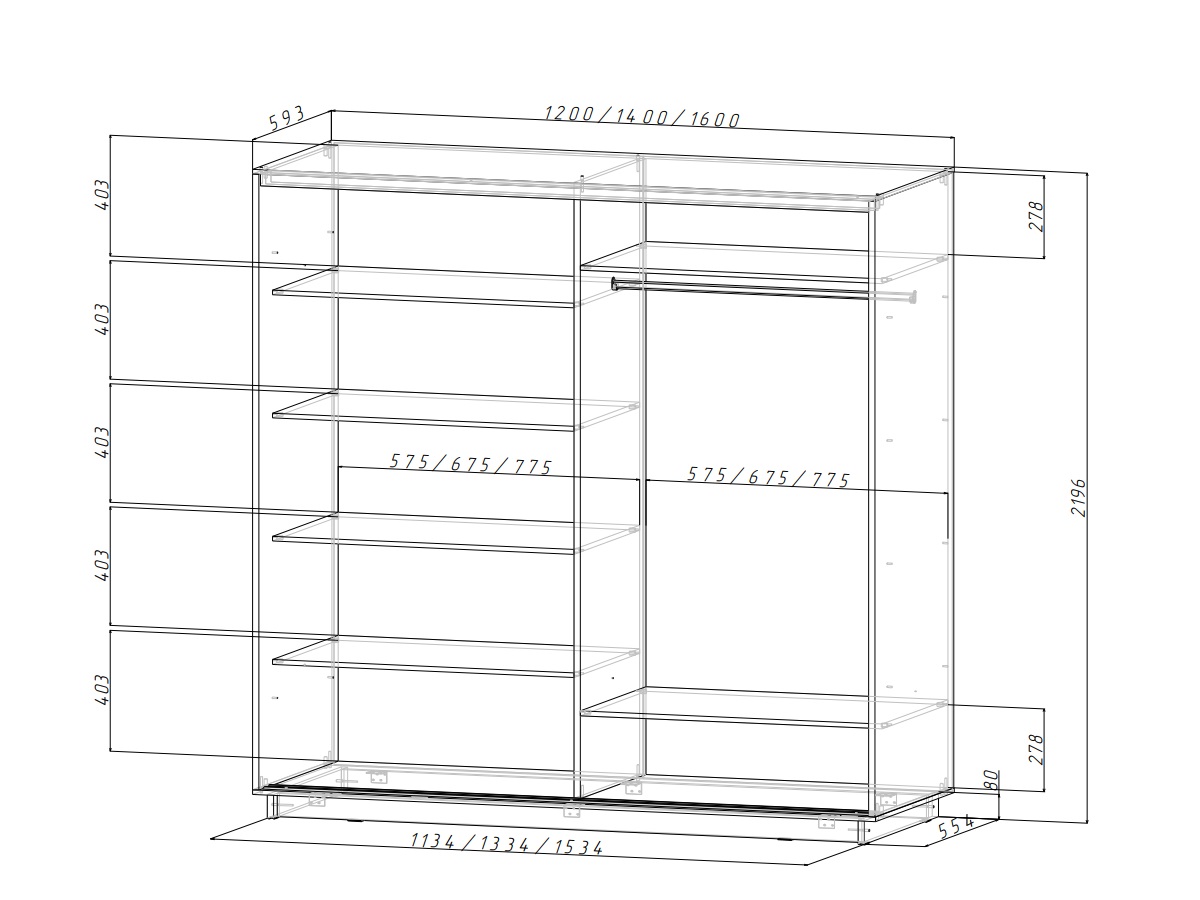Чертеж шкафа купе с размерами и комплектующими
